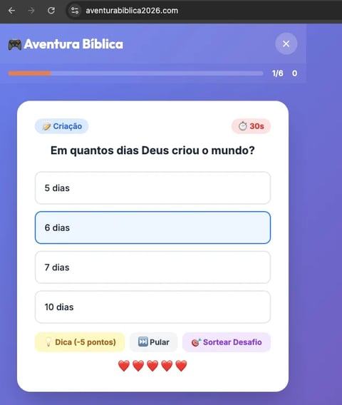 Bible trivia quiz showing question about creation with multiple choice answers and 30-second timer