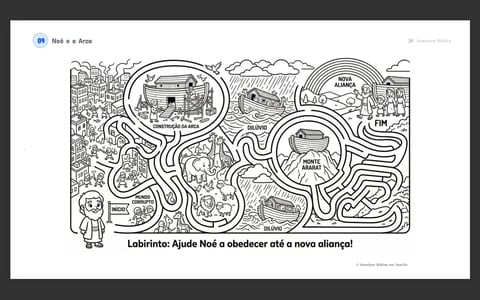 Maze puzzle for children featuring winding paths connecting various illustrated scenes and characters