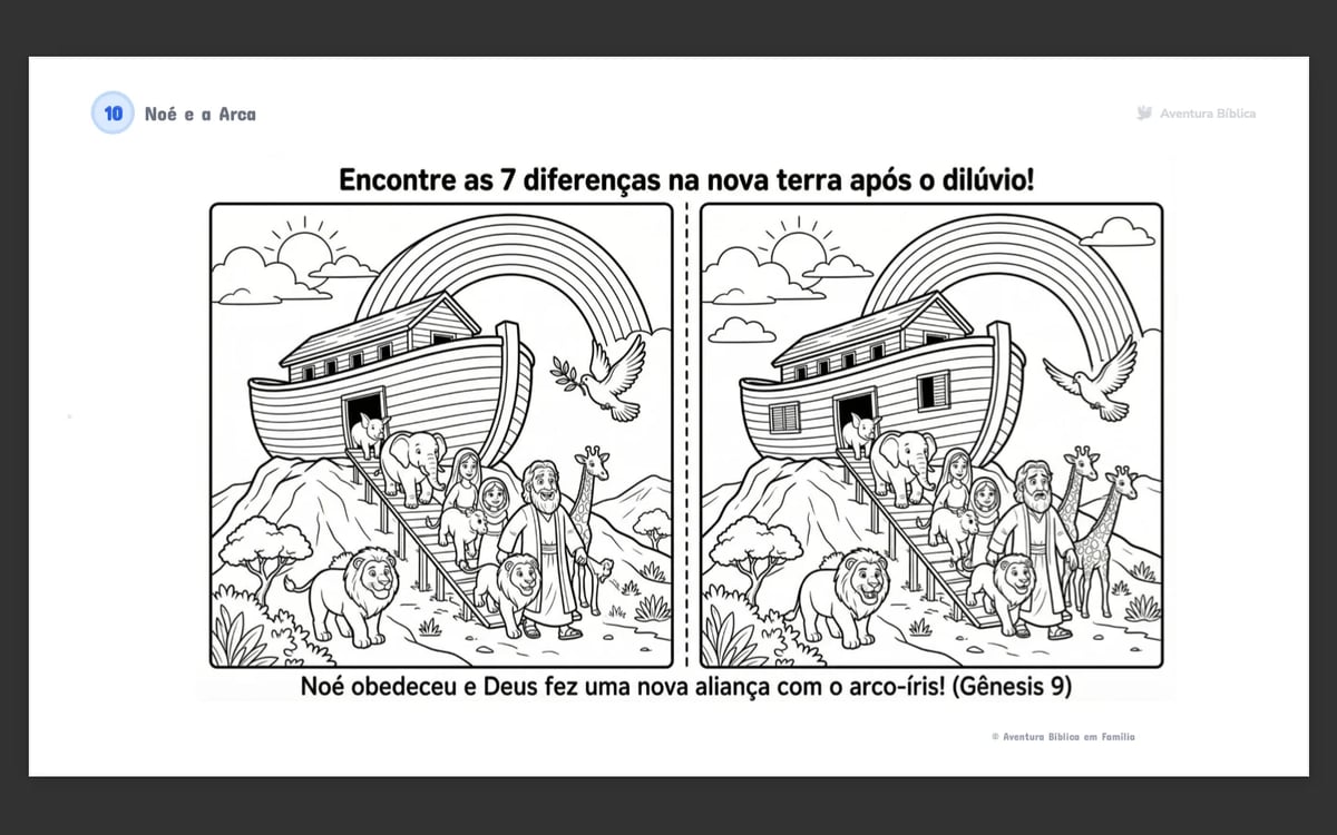 Two side-by-side coloring book scenes of Noahs Ark with animals and rainbow, labeled Find 7 differences