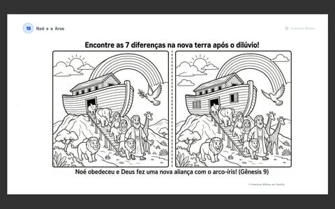 Two side-by-side coloring book scenes of Noahs Ark with animals and rainbow, labeled Find 7 differences