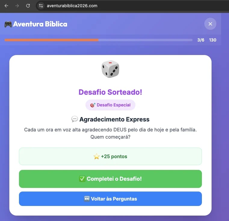 Aventura Biblica app showing a Bible challenge with a dice icon and reward of 25 points