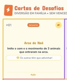 Card from Cartas de Desafios game showing challenge about Noahs Ark with animal movement instructions