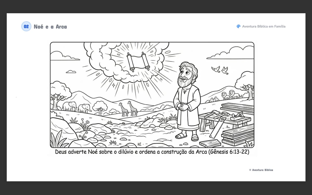 Coloring page illustration of Noah discovering the ark with animals and landscape