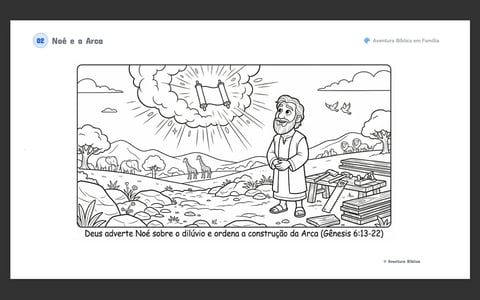 Coloring page illustration of Noah discovering the ark with animals and landscape
