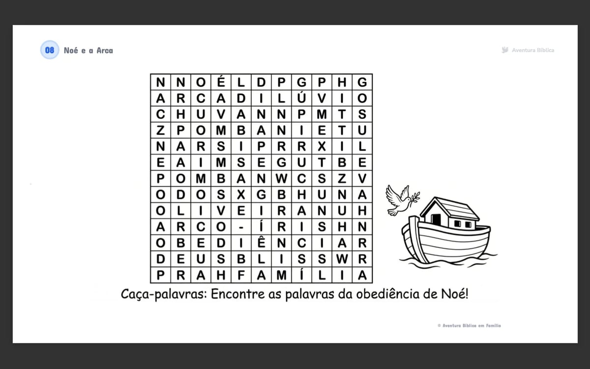 Word search puzzle in Portuguese with Christmas-themed words, featuring an illustration of Noahs Ark