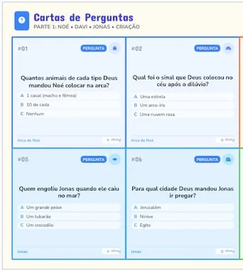 Portuguese trivia cards with four multiple choice Bible questions about animals and Noahs ark