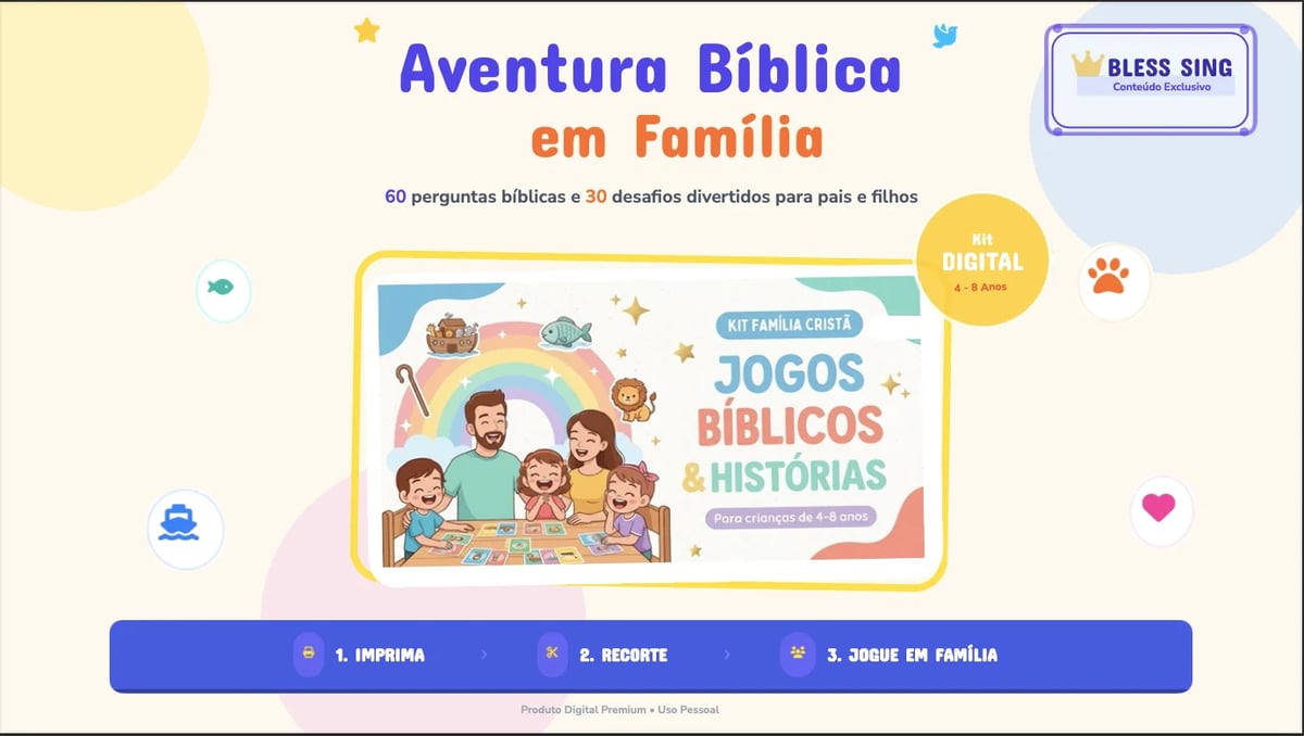 Colorful cover for Aventura Biblica em Familia, a family Bible activity book with 60 questions and 50 drawings for children